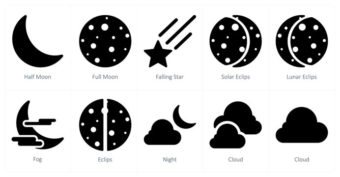 A set of 10 Weather icons as half moon, full moon, falling star