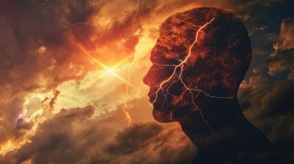 A striking image of a man with lightning emanating from his head. Perfect for illustrating creativity and inspiration
