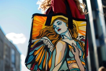 Woman holding a bag with angel picture, suitable for religious or spiritual concepts