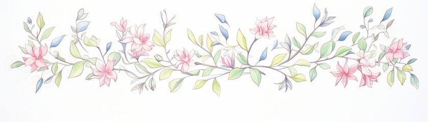 A watercolor painting of a floral branch with pink flowers and blue leaves.