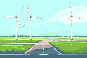 Wind farm, wind turbines in the field, wind towers, renewable energy sources - vector illustration