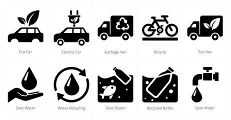 A set of 10 Ecology icons as eco car, electric car, garbage van