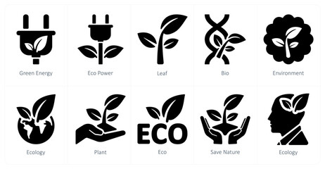 A set of 10 Ecology icons as green energy, eco power, leaf