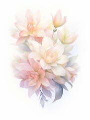 A bouquet of pink and white flowers with green leaves on a white background in a watercolor style