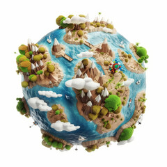 A cartoonish representation of the Earth with mountains, trees, and water. The idea behind this image is to show the beauty and diversity of our planet