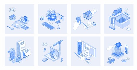 Real estate 3D isometric concept set with isometric icons design web collection searching new home p