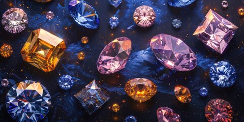 Vibrant Kaleidoscope: A Spectrum of Colored Diamonds on Ebony