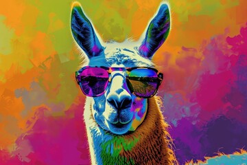 Obraz premium Close up of a llama wearing sunglasses, perfect for animal lovers and travel blogs