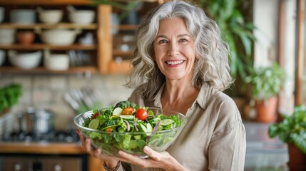 Joyful Senior Woman Presenting a Fresh Homemade Salad in a Cozy Kitchen Environment
