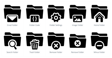 A set of 10 Folder icons as email folder, folder code, folder settings
