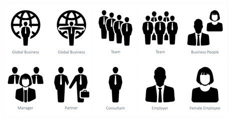 A set of 10 Human Resources icons as global business, team, business people