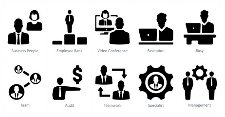 A set of 10 Human Resources icons as business people, employee rank, video conference