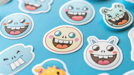 Obraz premium A variety of colorful stickers scattered across a wooden table, showcasing different designs and sizes, ready to be used for decorating or personalizing items