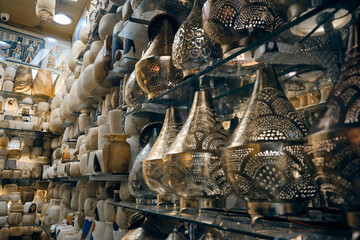 Arabic lamps for sale in egyptian souvenir shop. Traditional middle eastern lanterns. Khan El...