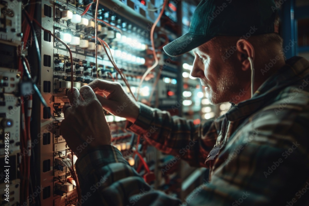 Poster A man in a hat working on a machine. Suitable for industrial concepts