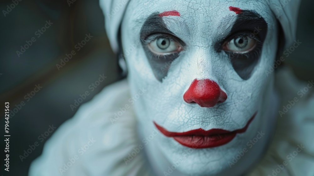 Poster A detailed view of a person with clown makeup, suitable for entertainment industry use