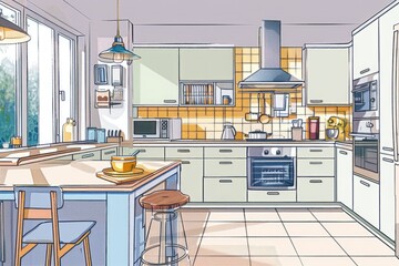 A drawing of a kitchen with a table and chairs. Ideal for interior design concepts