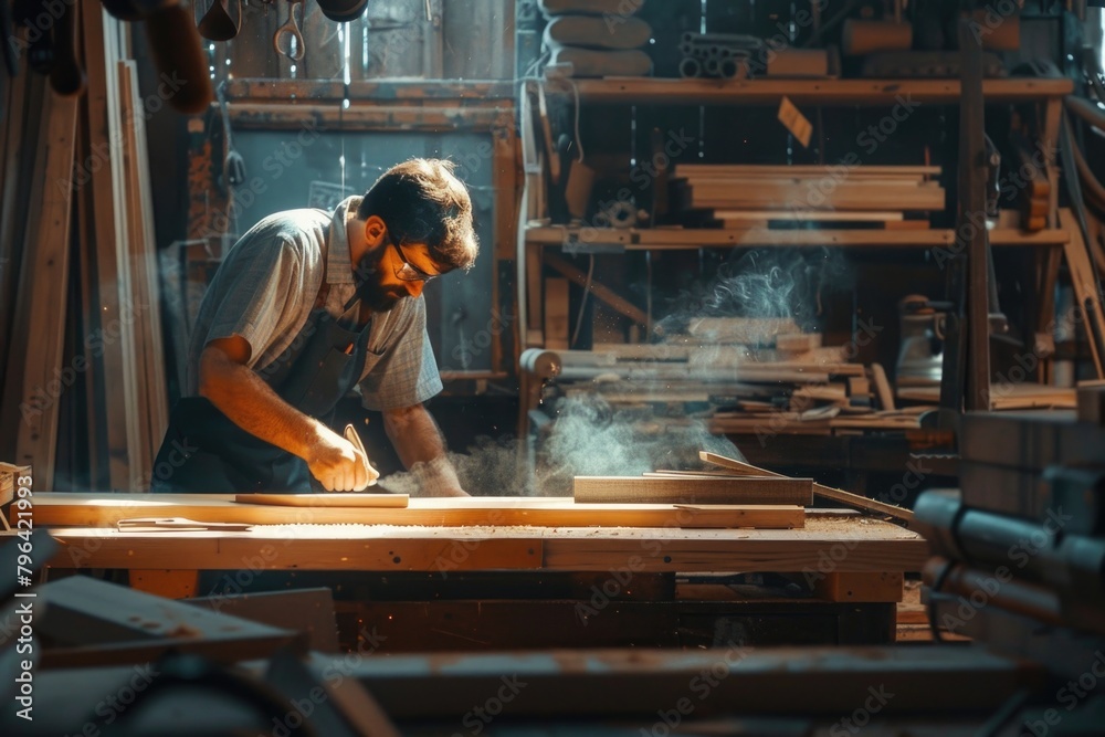 Poster a man working on a piece of wood in a workshop. ideal for woodworking or diy projects