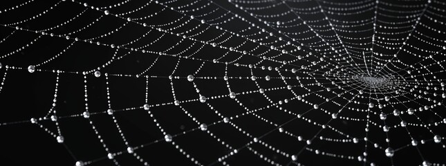 Fototapeta premium cobweb, black background web halloween design element spider, white line art element for decoration and print on poster, card or wallpaper with copy space isolated. white spider web with dew drops