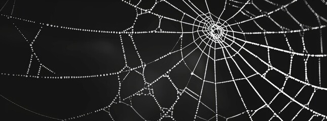 cobweb, black background web halloween design element spider, white line art element for decoration and print on poster, card or wallpaper with copy space isolated. white spider web with dew drops