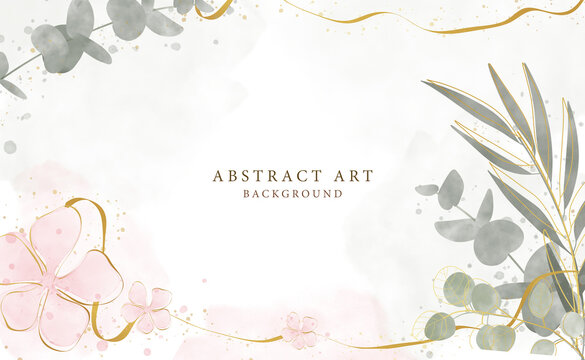 Abstract art background vector. Luxury minimal style wallpaper with golden line art flower and botanical leaves, Organic shapes, Watercolor. Vector background for banner, poster, Web and packaging.