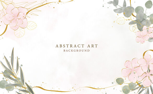 Abstract art background vector. Luxury minimal style wallpaper with golden line art flower and botanical leaves, Organic shapes, Watercolor. Vector background for banner, poster, Web and packaging.