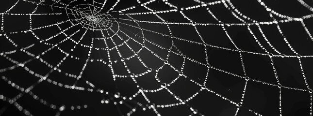 Obraz premium cobweb, black background web halloween design element spider, white line art element for decoration and print on poster, card or wallpaper with copy space isolated. white spider web with dew drops
