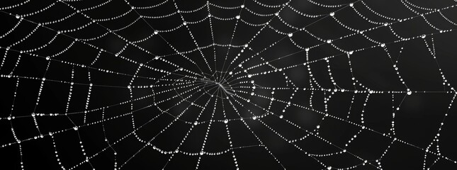 Obraz premium cobweb, black background web halloween design element spider, white line art element for decoration and print on poster, card or wallpaper with copy space isolated. white spider web with dew drops