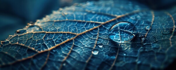 A dewdrop clings to a leaf, magnifying the intricate veins beneath, a microcosm of life captured in a single, shimmering sphere, background concept