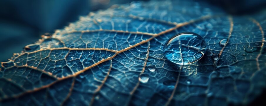 A dewdrop clings to a leaf, magnifying the intricate veins beneath, a microcosm of life captured in a single, shimmering sphere, background concept