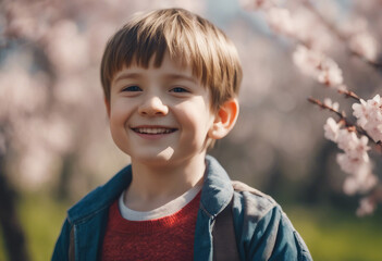 Portrait of a little boy smiling against the backdrop of a blooming cherry orchard