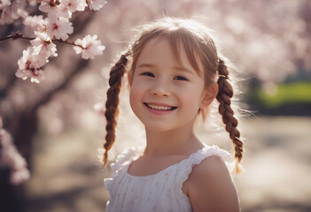 Portrait of a little girl smiling against the backdrop of a blooming cherry orchard