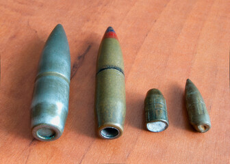 Fired projectiles of various calibers from various military weapons, from a pistol to a large-caliber machine gun