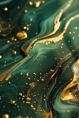 green background, gold swirls and particles, abstract fluid shapes, gradient effect, glitter texture, 