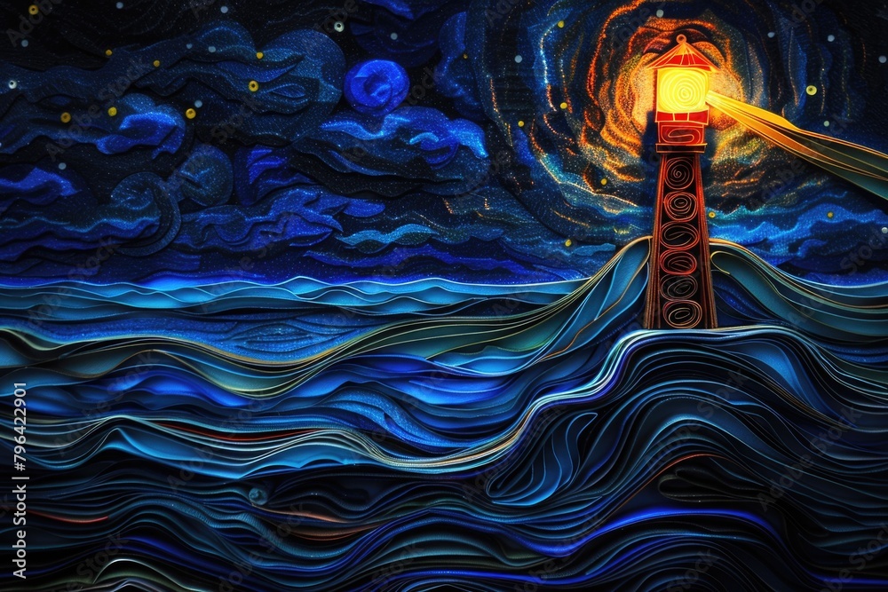Poster a serene painting of a lighthouse standing tall in the middle of the vast ocean. ideal for nautical 