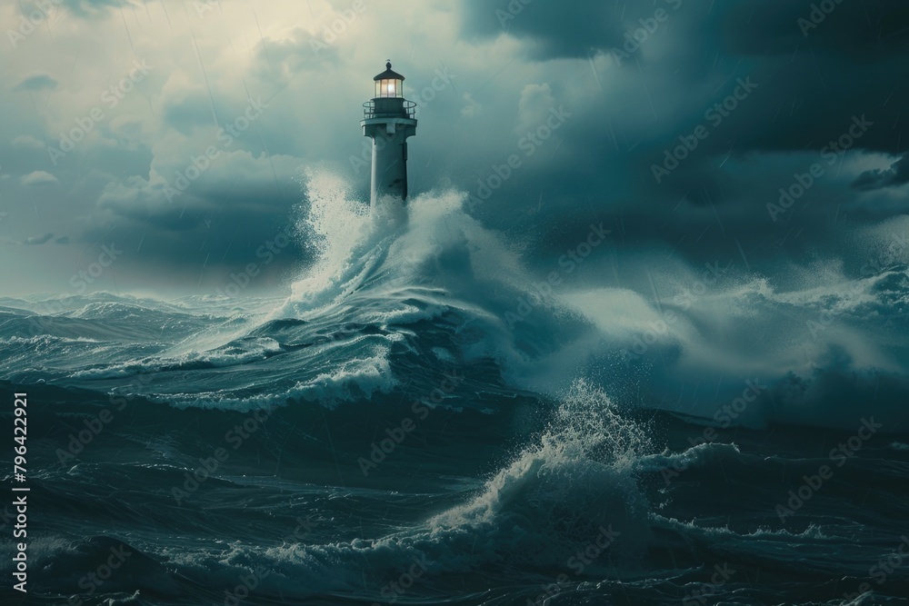 Poster A lighthouse standing strong in the midst of a stormy ocean. Perfect for illustrating resilience and guidance