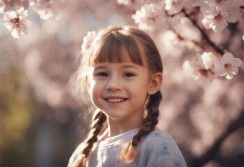 Portrait of a little girl smiling against the backdrop of a blooming cherry orchard