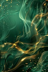 green background, gold swirls and particles, abstract fluid shapes, gradient effect, glitter texture,