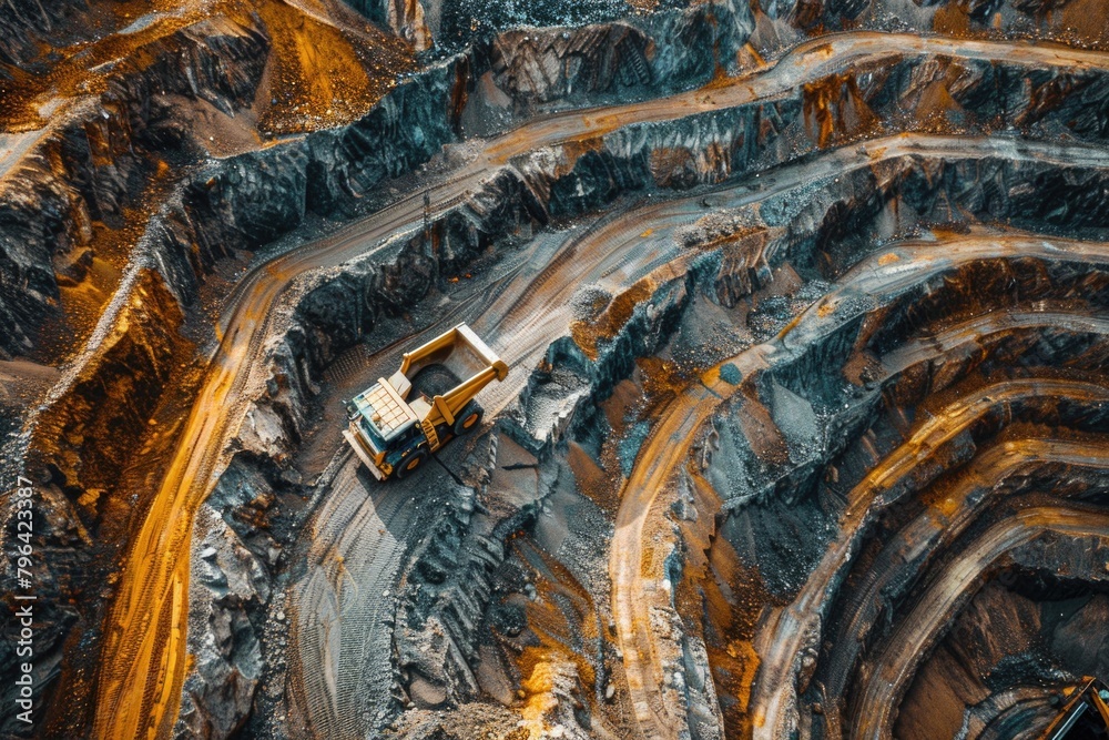 Poster a dump truck driving through a large open pit. suitable for construction and mining industry