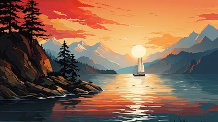 Sailboat Painting on a Lake at Sunset - obrazy, fototapety, plakaty