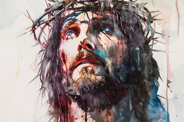 A powerful painting of a man wearing a crown of thorns. Ideal for religious themes or spiritual concepts