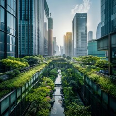 Fototapeta premium As urban areas expand, green infrastructure projects are increasingly adopted to reduce air pollution and enhance city livability, science concept