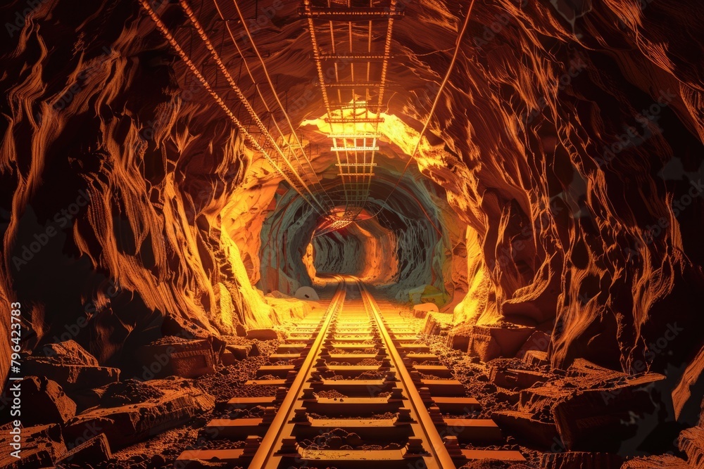 Poster a train moving through a dark tunnel. suitable for transportation concepts
