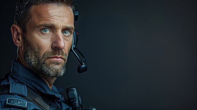 A serious-looking security guard in uniform, with a radio earpiece.