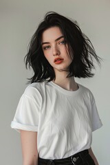 Fototapeta premium Modeling photography of a woman with a black hair, blue eyes, white t-shirt, 