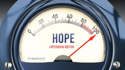 Hope and Optimism Meter that is hitting a full scale, showing a very high level of hope, overload of it, too much of it. Maximum value, off the charts.  ,3d illustration