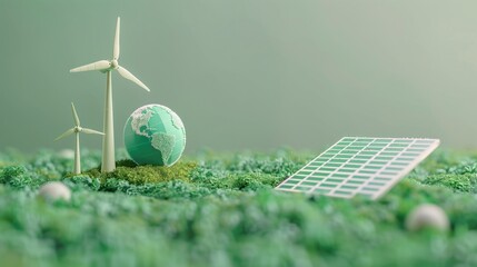 Clean energy concept on World Environment Day or International Day of Forests concept tree and earth globe with solar cell panel with windmill on nature background. generative ai