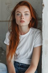 Fototapeta premium Modeling photography of a woman with a red hair, blue eyes, white t-shirt, 