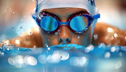 Intense gaze  swimmer s eyes underwater reflecting serenity and focus, olympic sport concept