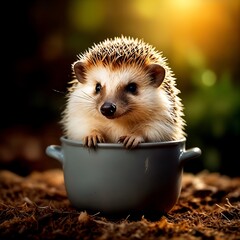Cute hedgehog sitting in a cup close-up